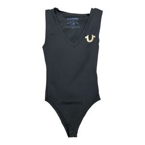 True Religion Black Scoop V Neck Seamless Bodysuit Size XS Snap Stretch EUC